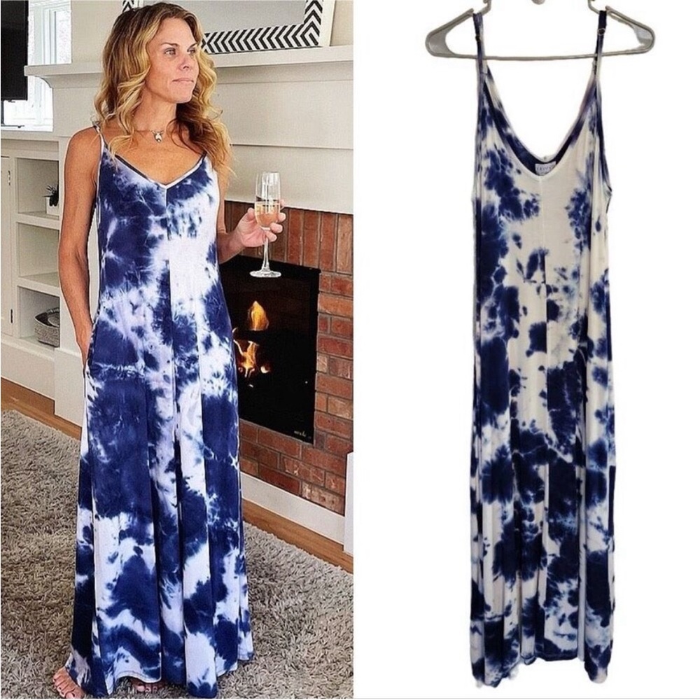 NWOT- SKiVy’s Femme- Laguna Goddess Gown in Tie Dye Blue White Maxi, Size Large